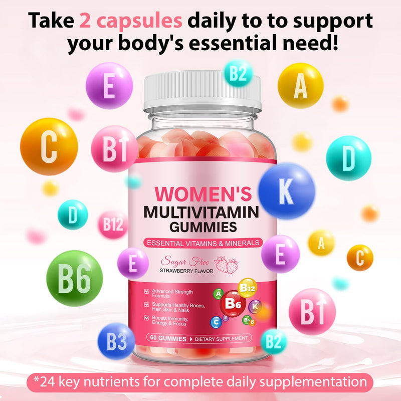 Sugar-Free Women's Multivitamin Gummies – with Inositol, Iron, Biotin for Energy, Hair, Skin & Nails – Vegan, Non-GMO, Gluten-Free, Keto Friendly – 60 Gummies (30 Day Supply)