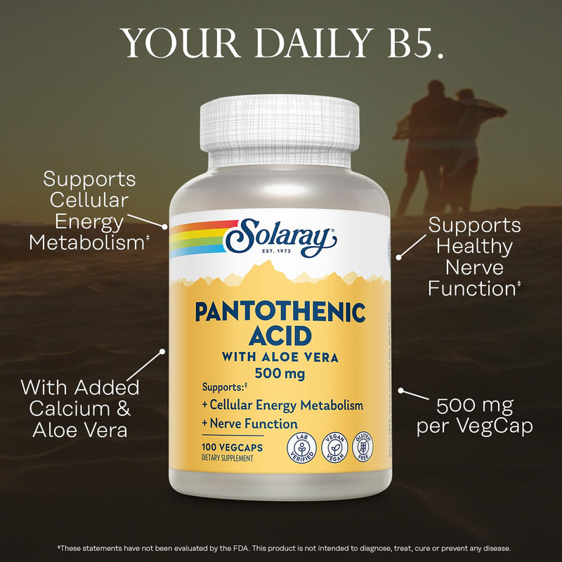 SOLARAY Pantothenic Acid 500mg - Pantothenic Acid Supplement (Vitamin B5) - Essential B Complex Vitamin - Nervous System and Cellular Energy Support - Vegan, Gluten Free, 60-Day Guaratee, 100 Servings Unflavored 100 Count (Pack of 1)