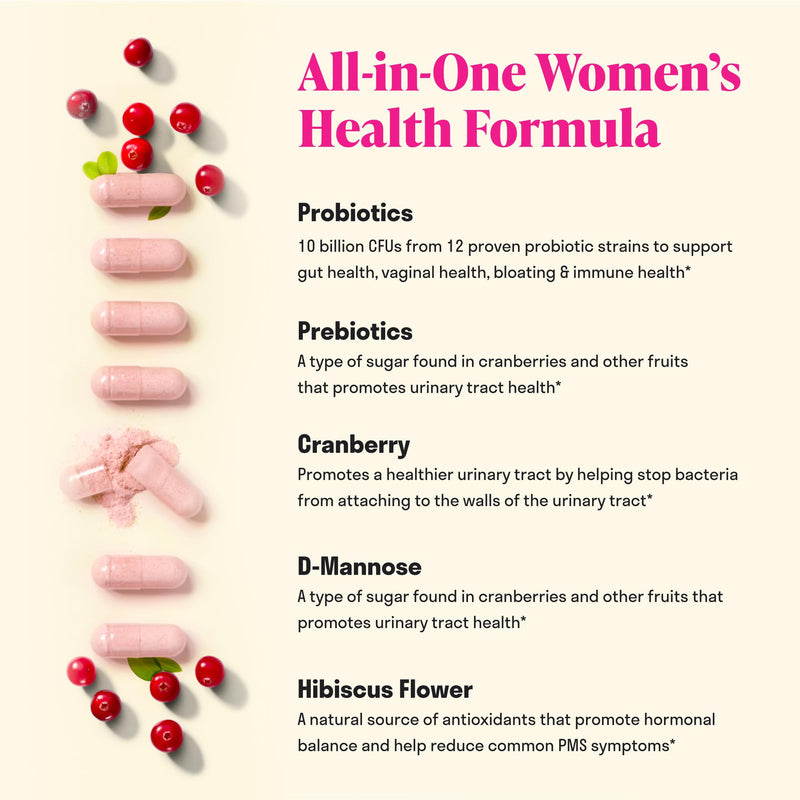 3-in-1 Womens Probiotic - Probiotics, Prebiotics, D-Mannose, 60 Day Supply | Prebiotics and Probiotics for Women, Ingredients to Support Digestive Health, Vaginal Health & pH Balance, Women Probiotic*