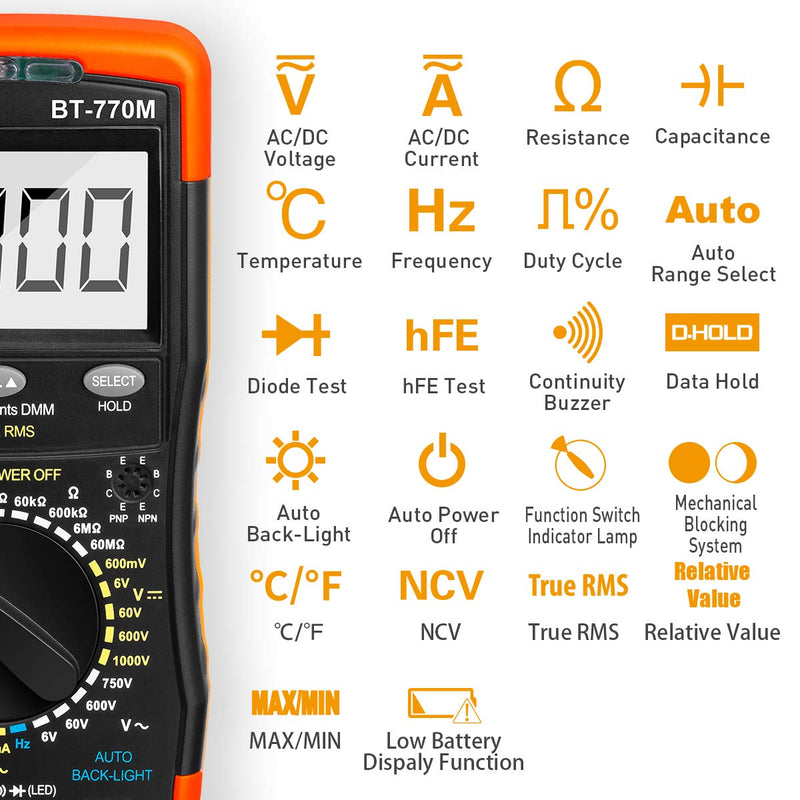 Digital Multimeter TRMS 6000 Count, BTMETER BT-770M Auto/Manual Ranging DMM Electrical Meter Tester for AC/DC Amp, AC/DC Volt, Ohm Capacitance Frequency Continuity Temperature NCV, Auto Backlight AC/DC 20A & Mechanical Block 770M - BeesActive Australia