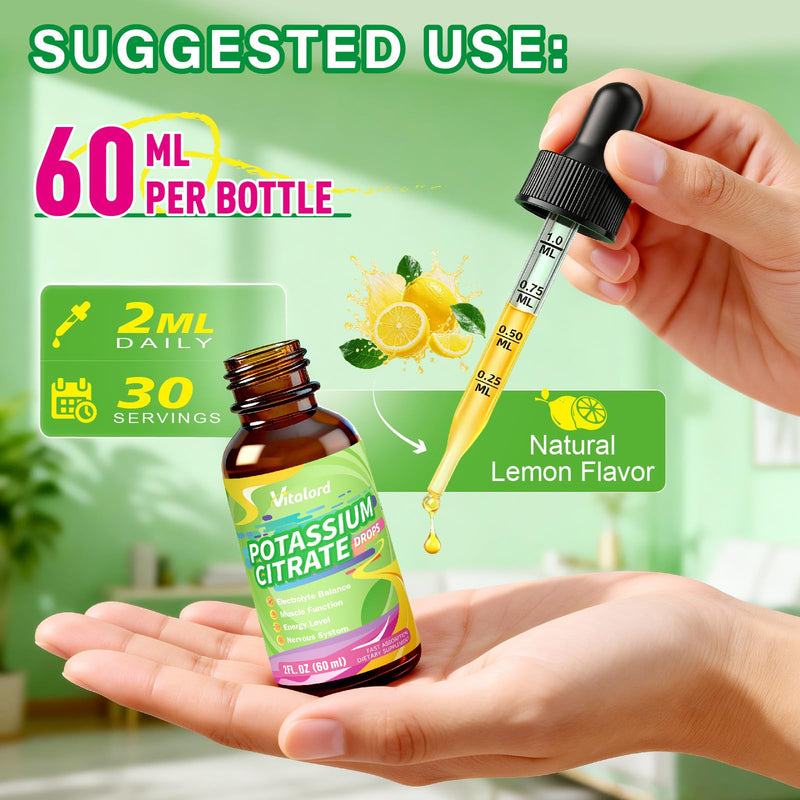 Liquid Potassium 1000mg Drops, Potassium Citrate with Magnesium Supplement for Women, with Zinc Picolinate, Taurine, Vitamin B6 & C, Support Leg Cramps & Muscle Health, 30 Servings