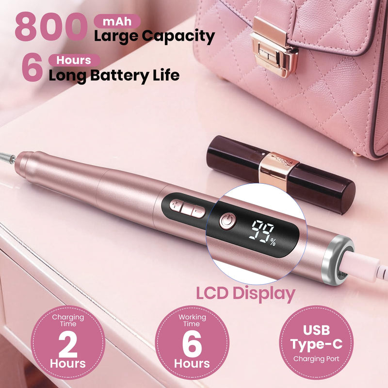 Cordless Nail Drill 35000RPM, Portable Electric Nail File for Acrylic Gel Nails, Professional Manicure Pedicure Kit, Rechargeable Pedicure Tools for feet with LCD Display, Low Noise Low Vibration Rose Gold - BeesActive Australia