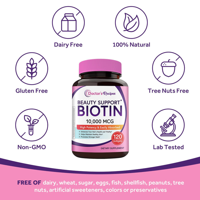Doctor's Recipes Biotin 10,000mcg, High Potency Vitamin B7 for Hair, Skin & Nail Support, Non-GMO, Optimal Solutions Hair Vitamin with Biotin, for Women and Men, 120 Softgels