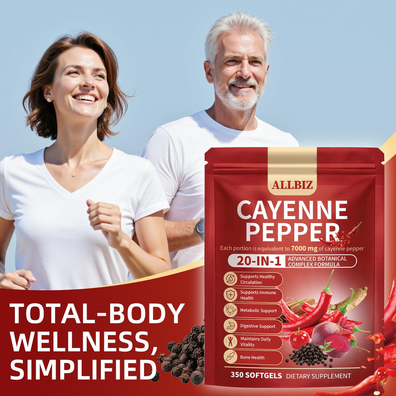 20-in-1 Organic Cayenne Pepper Capsules Supplement 7000mg | 350 Softgels | with Organic Vitamins D3 K2 E, Curcumin, Berberine, Probiotics & Omega-3 | Supports Circulation,Digestive & Bone Health
