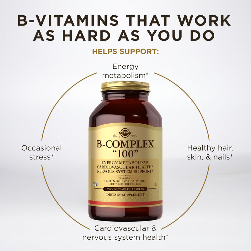 Solgar B-Complex "100", 250 Vegetable Capsules - Nervous System Support - Supports Energy Metabolism - Non-GMO, Vegan, Gluten Free, Dairy Free, Kosher - 250 Servings 250 Count (Pack of 1)