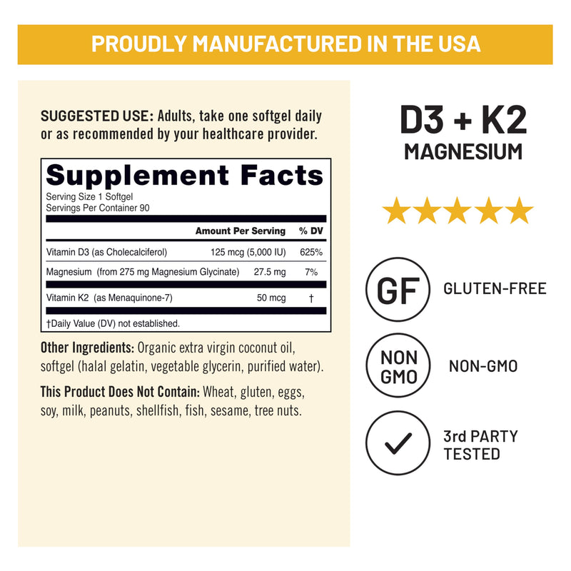 NatureWise Vitamin D3 5000IU + K2 & Magnesium Glycinate 275mg - 90 Softgels | Extra-Strength D3 125mcg, K2 50mcg, High Absorption Chelated Magnesium Supplement, Bone Support.* 90-Day Supply.