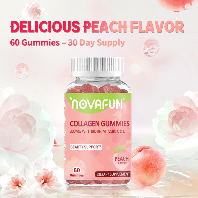 Collagen Gummies 300mg for Women, Hair, Skin & Nails, 60 Gummies | With Biotin & Vitamins C and E, Gluten-Free Vegetarian Gummies, Peach Flavor