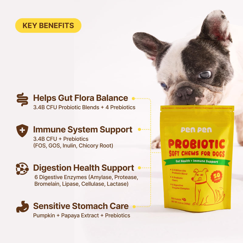 PENPEN Probiotics for Dogs, Dogs Probiotics for Digestive Health, Multi-Probiotic and Enzyme Blend Promote Gut Health & Immune Support, Eases Sensitive Stomachs (Beef Chews, 50ct) 50 Chews