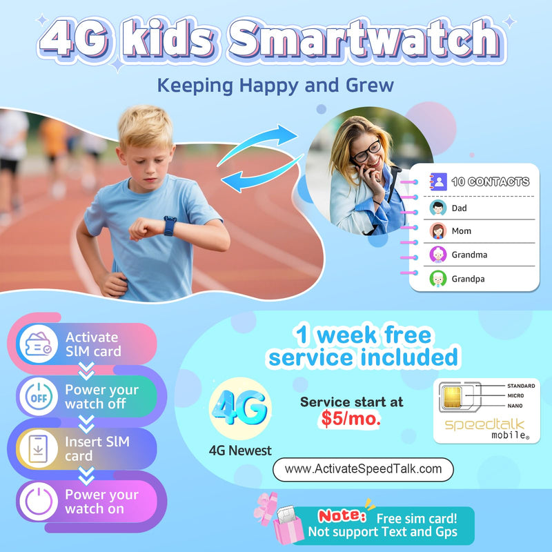 4G Kids Smart Watch - Smartwatch for Kids with SIM Card, SOS Call Camera Video Alarm Stopwatch AudioBook Music Games Pedometer Gift Toys for 4-12 Years Old Boys and Girls (Blue) Dark Blue No GPS