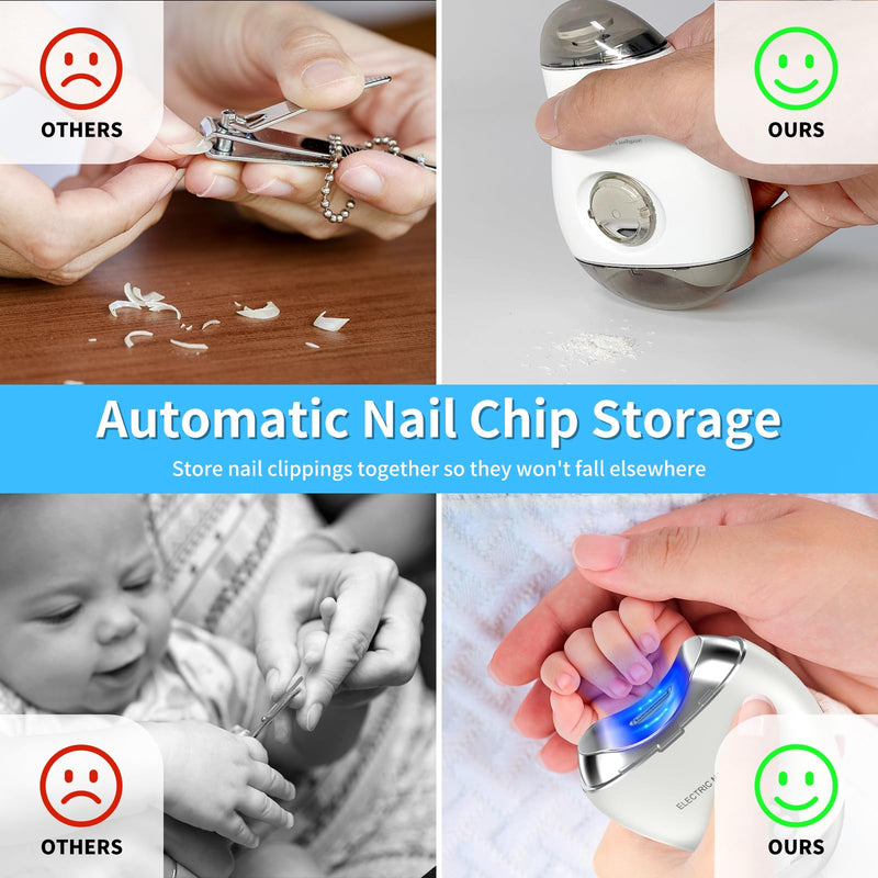 Automatic Electric Nail Clipper, 2 in 1 Baby Nail Trimmer with LED Light & Storage Box, Safe Nail File for Baby, Kids, Adults, Seniors, Rechargeable Portable Fingernail Cutter with 3 Speed Gears White - BeesActive Australia