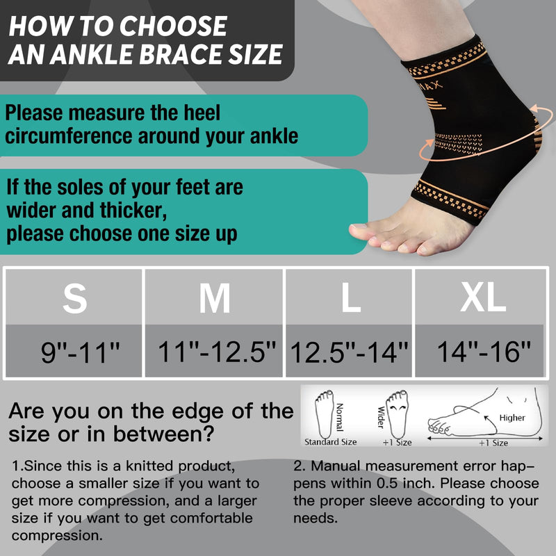 INDEEMAX Copper Ankle Brace for Men and Women, Ankle Compression Sleeve Ankle Support Brace for Sprained Ankle, Plantar Fasciitis, Running, Foot Pain Relief, Achilles Tendonitis (L) Golden Black Large - BeesActive Australia