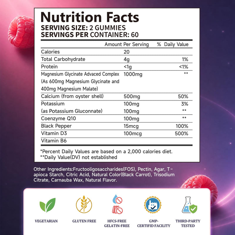 Magnesium Glycinate Gummies 1000mg, High Absorption Sugar Free Magnesium & Malate, Calcium, Potassium, CoQ10, Vitamin B6 & D3 Supplement - Supports Sleep, Muscle, Bone, Memory & Focus - 120 Count