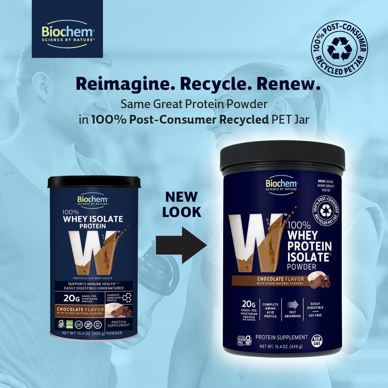 Biochem 100% Whey Protein Isolate, Chocolate, 15.4 oz, 28 Servings | 20g grass-fed whey isolate per serving; certified gluten-free, vegetarian and 99% lactose free 15.4 Ounce (Pack of 1)