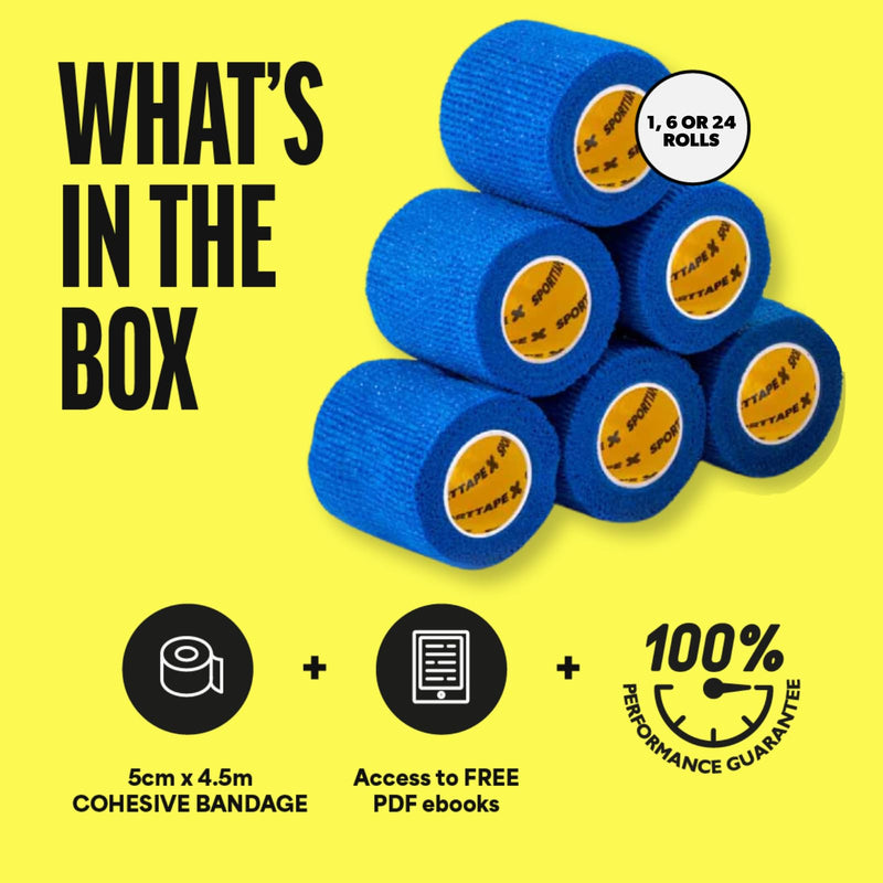 6 Rolls SPORTTAPE Self-Adhesive Football Sock Tape - 5 cm x 4.5 m - Blue - Cohesive Bandage Sock Tape Sock Tape - Foot and Wrist Bandage Athletes - Pet Vet Wrap Fixing Bandage for Horses Dogs 5 x 450 cm (6 Rolls) - BeesActive Australia