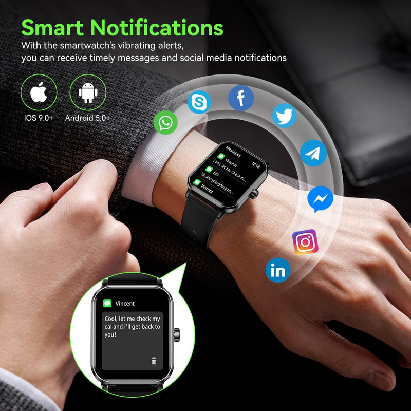 Smart Watch for Men Women, 1.85" HD Fitness Tracker with Bluetooth Calls, 5 ATM Waterproof, 130+ Sport Modes, 24/7 Heart Rate/Sleep Monitor, Pedometer, Calories, Smartwatch for Android iOS (Black) Black