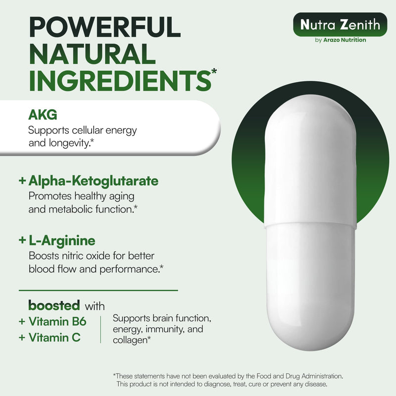 AKG Anti-Aging & Energy Boost Supplement with Vitamin B6, Vitamin C & L-Arginine – 60 Capsules for Youthful Skin, Cellular Renewal & Vitality Support