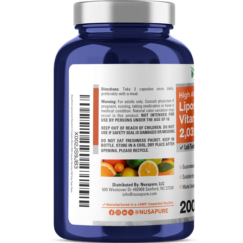 Liposomal Vitamin C, Non-GMO, Vegan, 2032mg, 200 Veggie Caps - 100 Servings | Dietary Supplement Formula, High Absorption Ascorbic Acid & BioPerine, Suitable for Adults, Manufactured in cGMP Facility USA 200 Count (Pack of 1)