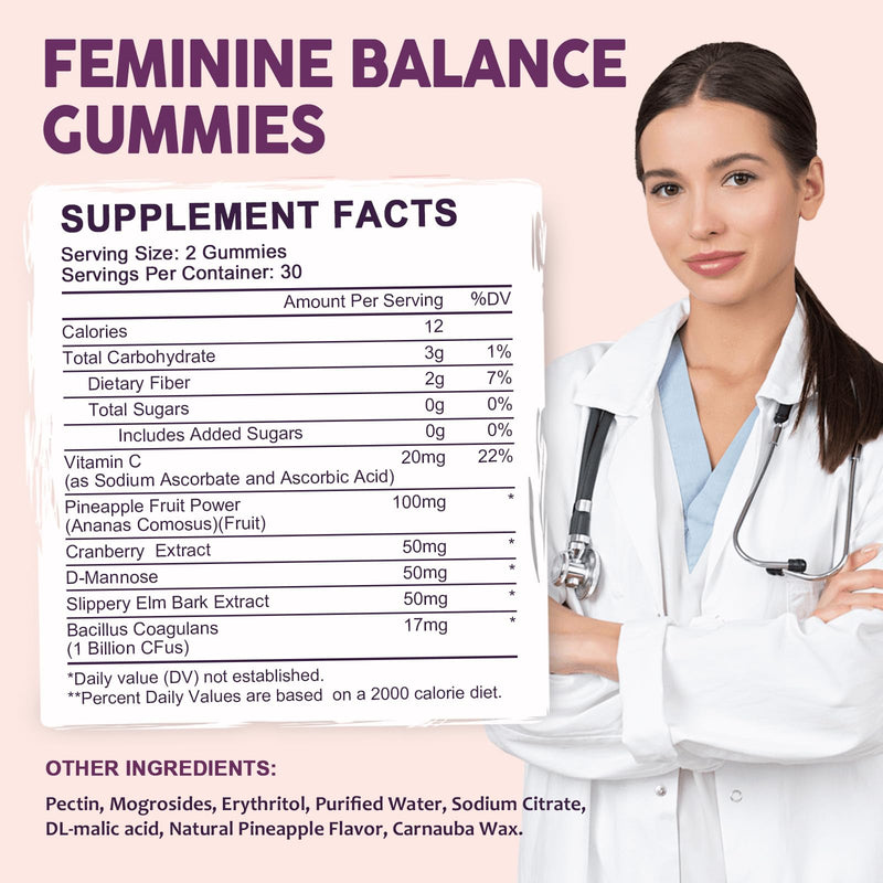 Feminine Balance Probiotic Gummies for Women – Support Vaginal Health, pH Balance, Freshness & Digestive Health – with Pineapple, Slippery Elm, Cranberry, D-Mannose – Sugar-Free, Pineapple Flavor