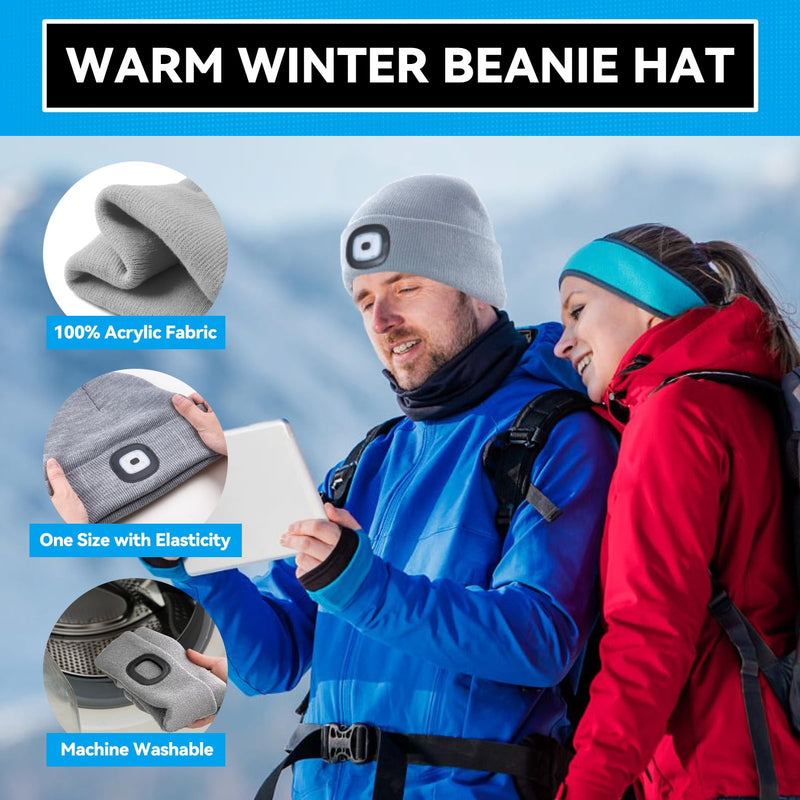 Gifts for Him, Beanie Hats with Light, USB Rechargeable LED Hand Free Headlamp, Fathers Day Dad Gifts, Birthday Gadgets for Men, Women, and Teens, Ideal for Camping, Hiking, 2 Pack, Grey Gray