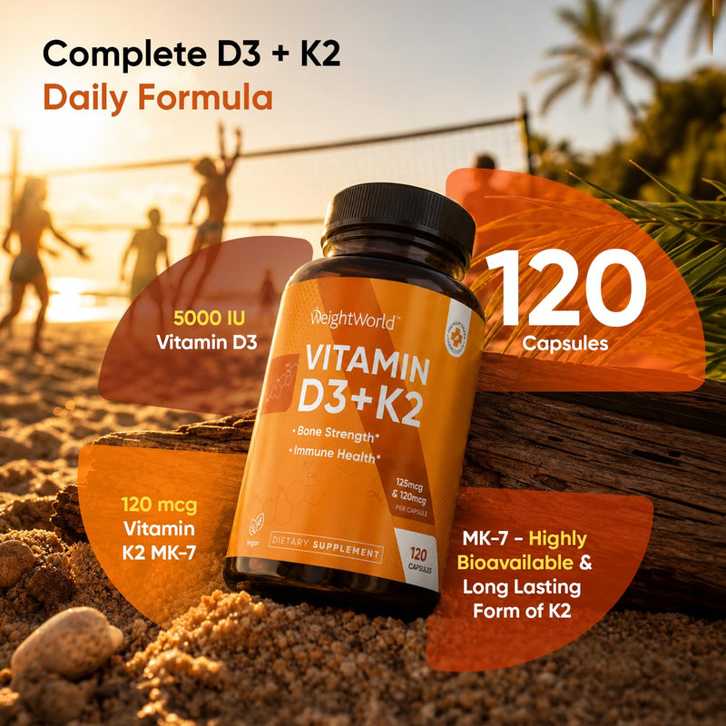 WeightWorld Vitamin D3 K2 5000IU Capsules for Bone Strength, Teeth, Immune Health & Maximum Calcium Absorption - 120 Ct - K2 D3 Vitamin Supplements - Vegan D3 and K2 Supplements, Non-GMO, Gluten-Free Vitamin D3K2 5000IU capsules