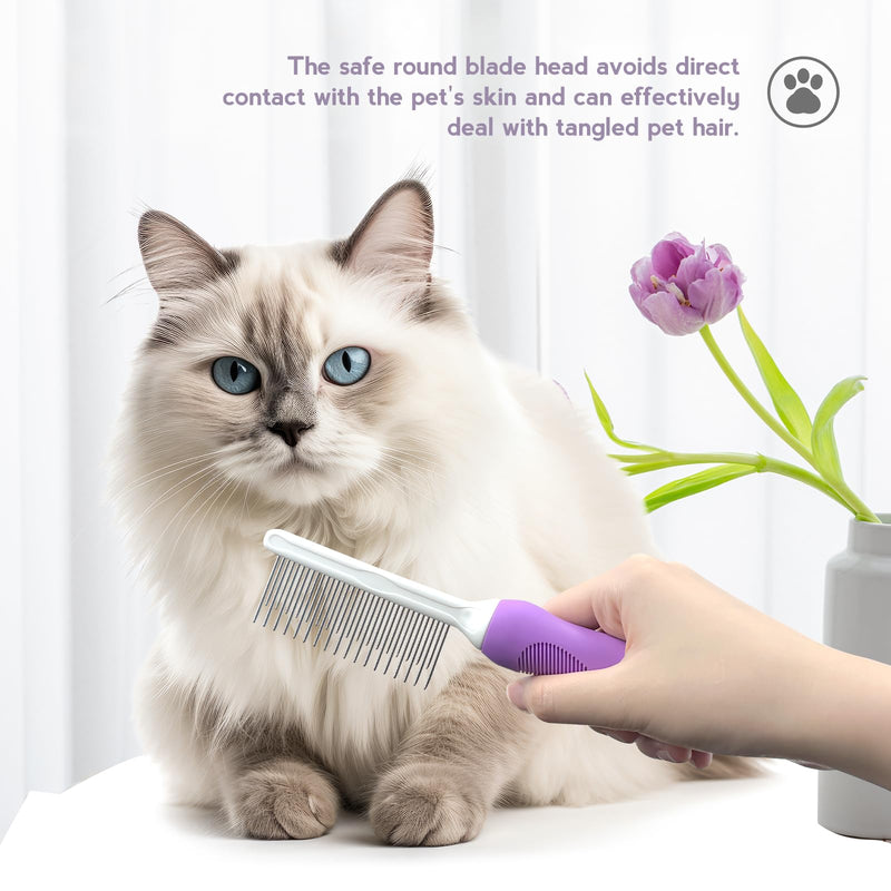 Detangling Pet Comb for Dog & Cat, Grooming Comb with Long & Short Stainless Steel Teeth, Safely Remove Knots & Tangles for Healthy Shiny Coat, Gentle Effective Detangling Tool for Pet Hair (Purple) Purple - BeesActive Australia
