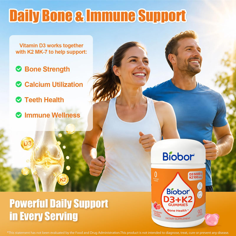 Biobor Natural Vitamin D3 K2 Gummies, 5000 IU D3 + 100 mcg MK-7, 180 Count | Strawberry Vitamin Gummies, Supports Bone & Immune Health. No Sugar Added, Non-GMO, Gluten-Free. Daily Wellness. 90 Count (Pack of 2)