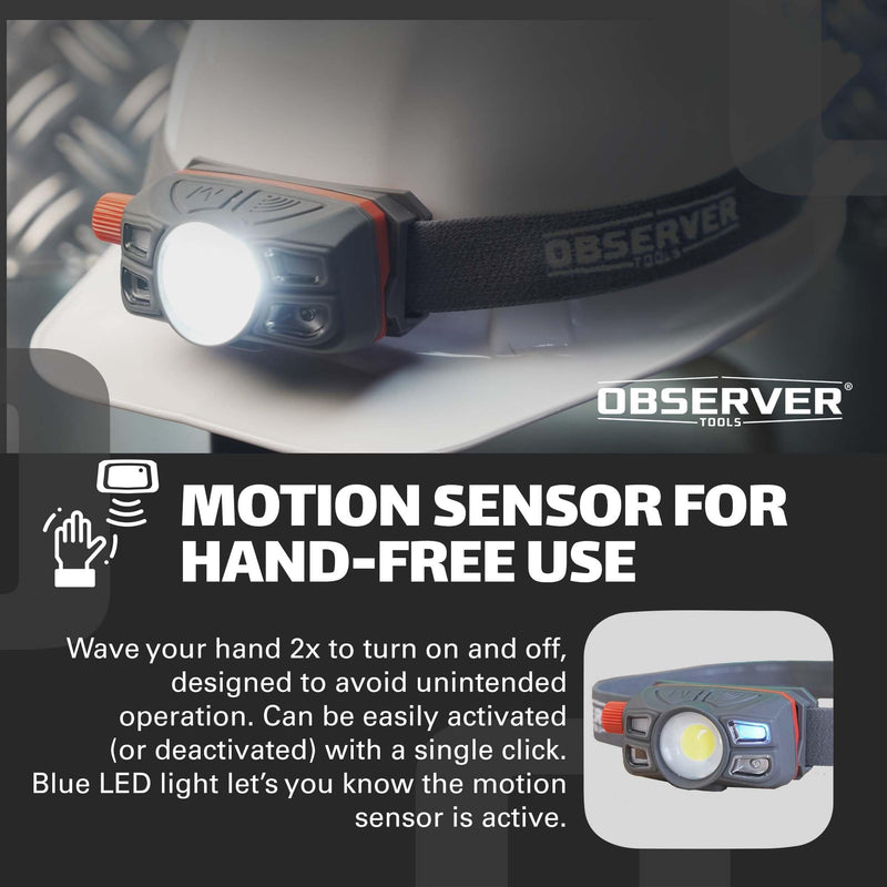 Observer Tools Rechargeable LED Headlamp Waterproof - Hiking Camping Outdoors Flashlight Head Lamp - Hard Hat Work Light w/Motion Sensor for Adults - Gift Standard - BeesActive Australia