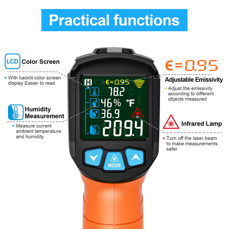 Infrared Thermometer Gun, Non Contact Digital Laser Thermometer Temperature Gun with Color LCD for Cooking, Home Repairs, Humidity Measurement, Adjustable Emissivity -58°F to 1472°F(-50~800°C) Orange -58℉~1472℉(-50℃~800℃)
