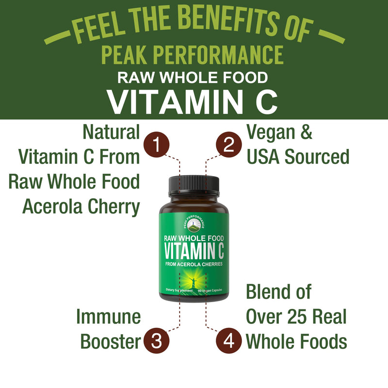 Peak Performance Raw Whole Food Vitamin C Capsules from Acerola Cherry | Natural Vegan USA Sourced Vitamin C Supplement for Max Absorption. 90 Pills. 500 mg Serving or 2 Servings for 1000mg