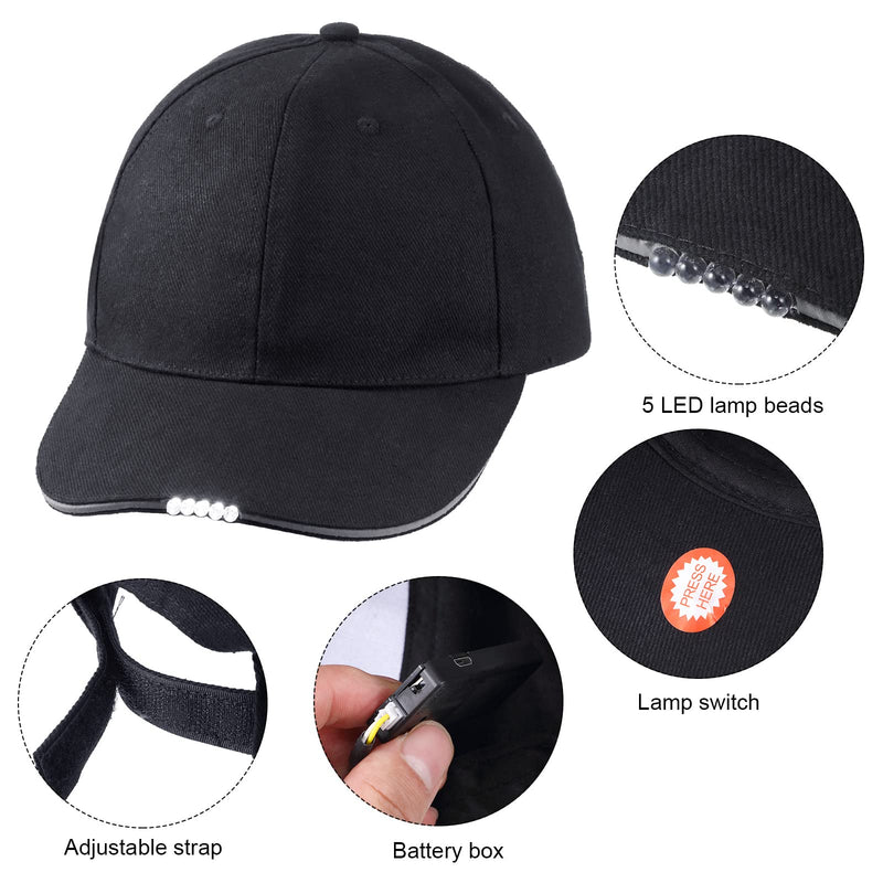 Syhood 2 Pieces LED Baseball Caps Flashlight Hats Hands Free Baseball Caps with Light Built in 5 Battery Powered Headlamp LED Hats Light for Men Fishing Jogging Camping Hand Work Black