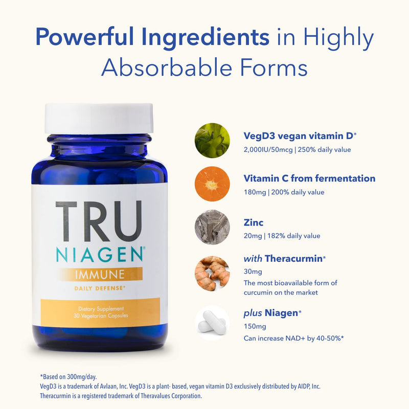 TRU NIAGEN Immune Support Supplement - Daily Defense - Vitamin C from Fermentation, Vegan Vitamin D3 2000 IU, Zinc, Plus Theracurmin (Curcumin) + Multi Award-Winning NAD Boosting Niagen 150mg 30ct 30 Servings (Pack of 1)