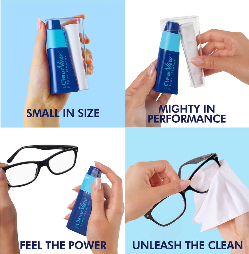 Clear View Lens Cleaner Kit | 2 x 8oz Bottles, 1 Travel Spray (1oz), 3 Premium Microfiber Cloths | Safe for All Lenses, Coatings & Screens