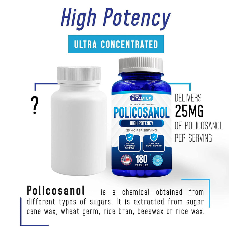 Policosanol 25mg - 180 Caps- Policosanol Supplement from Natural Sugar Cane | Max Strength Policosanol 25MG Daily Dose For Antioxidant Support - 6 Month Supply, Just 1 A Day - Non-GMO & Gluten Free 180 Count (Pack of 1)