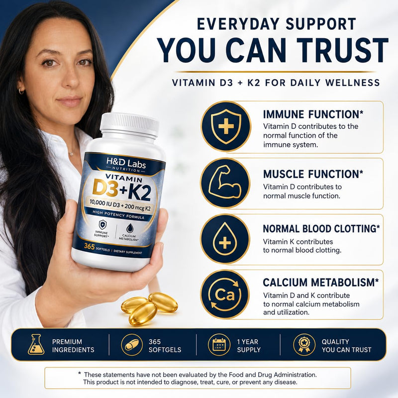 H&D Labs Nutrition Vitamin D3 K2 10000 IU (125mcg) with MK-7 – High Potency Bone & Immune Support – 365 Capsules – Non-GMO Dietary Supplement