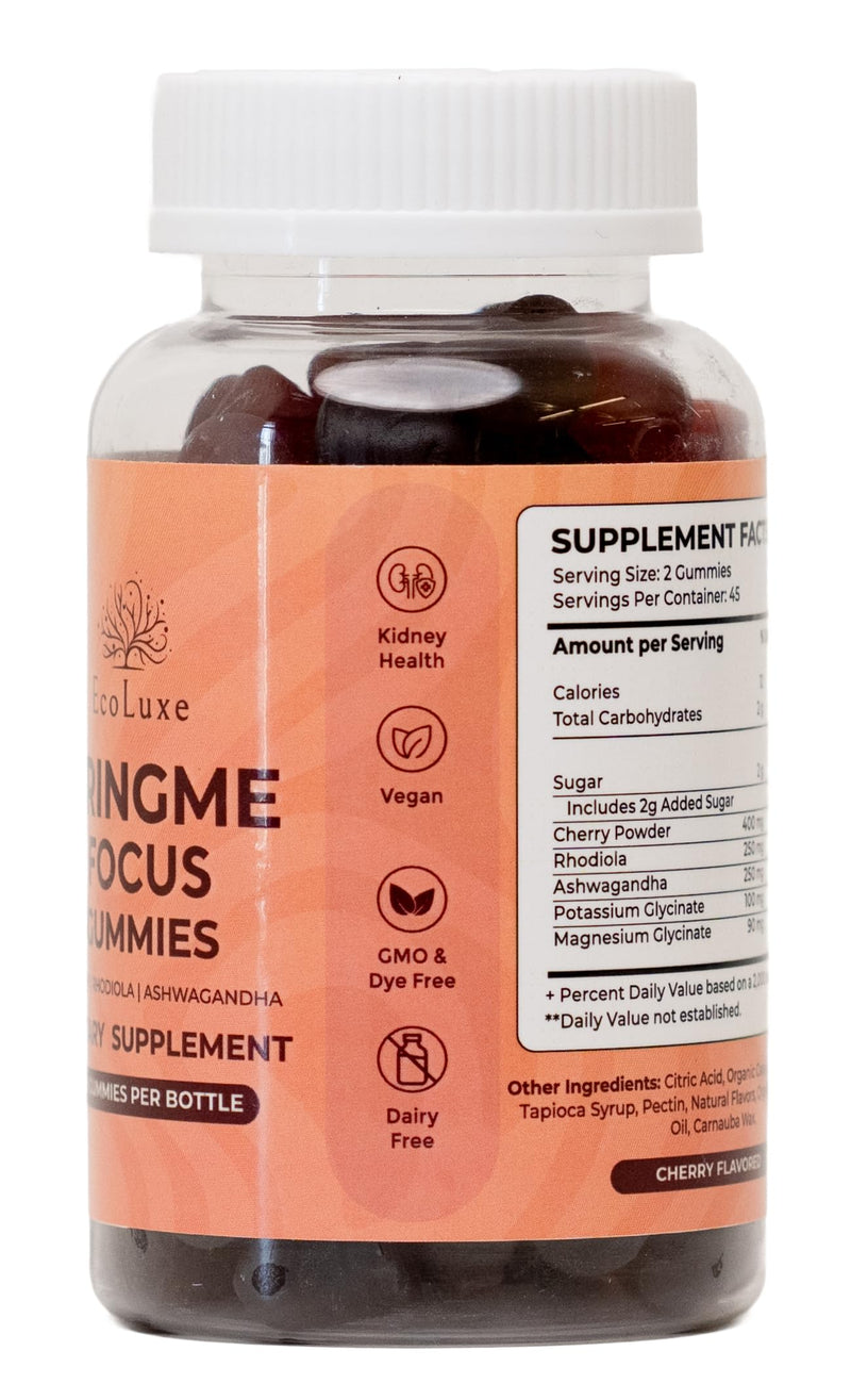 BRINGME Focus Gummies – Nootropic Brain & Focus Support with Ashwagandha, Rhodiola, Potassium & Magnesium for Memory, Clarity, Mood & Energy – Low Sugar Cherry Flavor, 90 Count