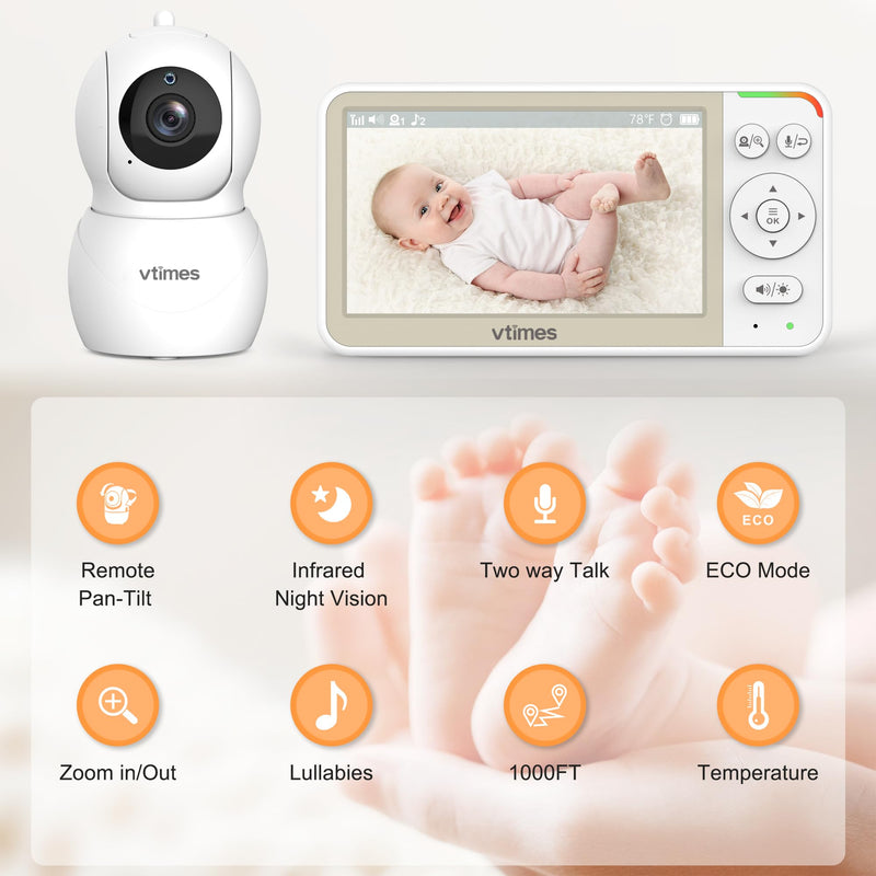 5'' Screen Video Baby Monitor with Camera and Audio, 4000mAh Baby Monitor No WiFi Remote Pan-Tilt-Zoom VOX, Two-Way Talk, Infrared Night Vision, Temperature Display, Alarm 8 Lullabies 1000ft - BeesActive Australia
