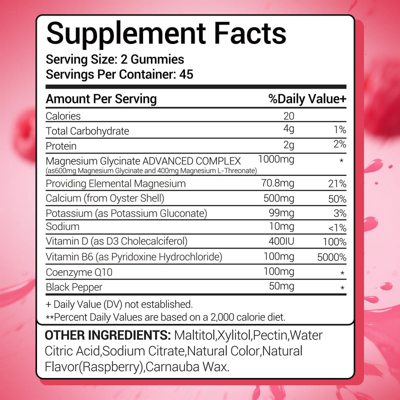 Magnesium Glycinate Gummies 1000mg Complex,Sugar Free Magnesium Supplement with Magnesium L-Threonate,Calcium,Potassium,Vitamin D3,B6 & CoQ10,Gelatin Free Raspberry Gummies for Adults,2 Pack,180 Ct 90 Count (Pack of 2)