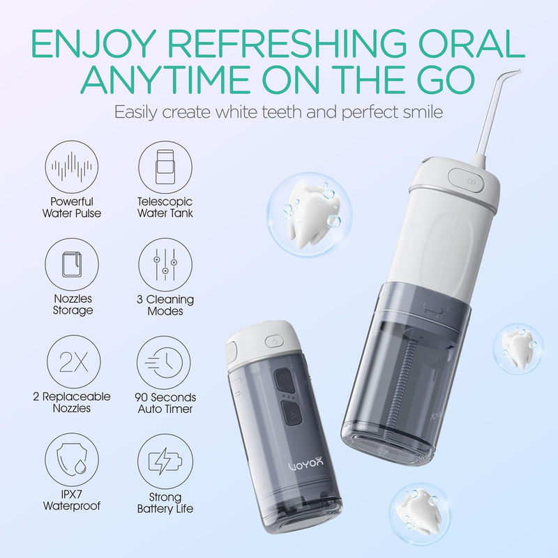 VOYOR-HEALTH Portable Water Flosser Cordless, Mini Travel Oral Irrigator with Telescopic Water Tank, IPX7 Waterproof Water Dental Flosser for Teeth Cleaning Braces & Dental Care WF510 (Silver) Silver