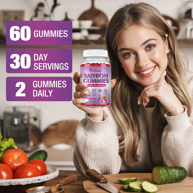 Saffron Supplements Gummies, 88.5mg Extract with Vitamin D3, B6, Magnesium, Ashwagandha, L-Theanine, Sugar-Free, Strawberry Flavor, 60 Count 1pack