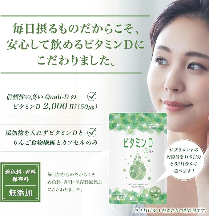 ANVITA Vitamin D3 & Apple Dietary Fiber 2000IU 62 days supply (62 tablets) Quali®-D Made in Japan No added colorants, flavors or preservatives ANVITA - BeesActive Australia