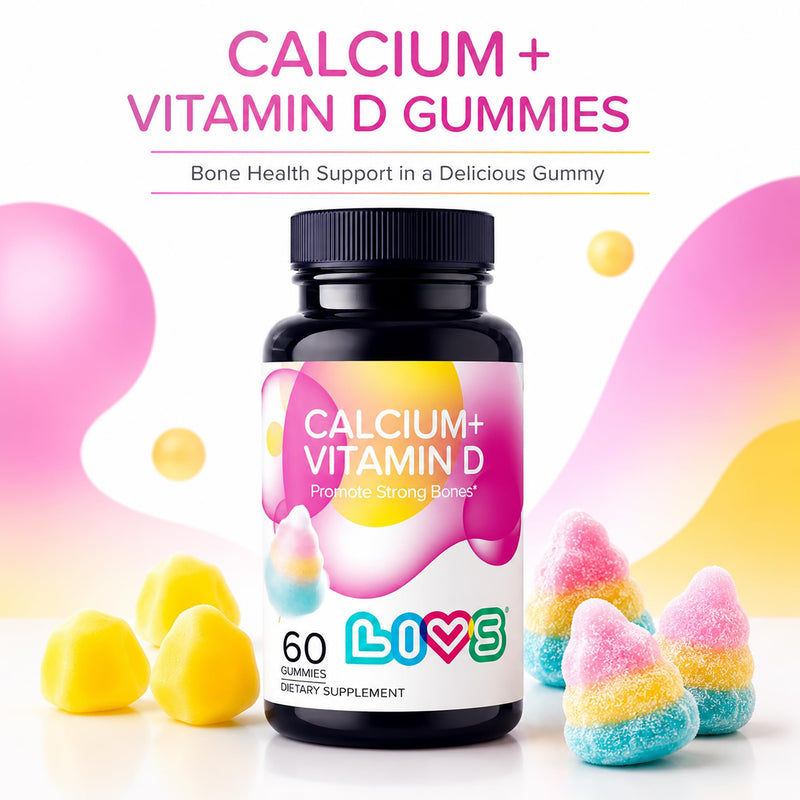 LIVS Calcium & Vitamin D3 Gummies for Adult & Kids – 170mg + 1000 IU D3 Supplement for Immune Support, Bone & Teeth Health – Cotton Candy Flavor – Gluten-Free – 60 Count/30 Servings Calcium & Vitamin D 60 Count (Pack of 1)