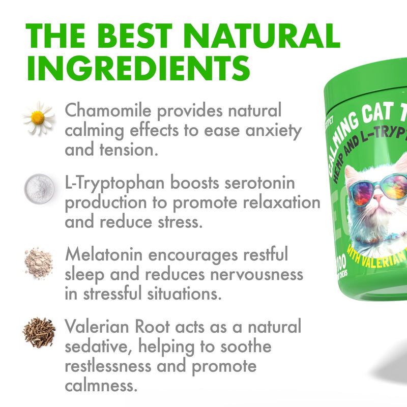 Cat Calming Treats Natural Anxiety Relief for Indoor Cats Stress & Travel Storm Separation Support Helps with Vet Visits, Grooming & Loud Noises Soothing Behavior Aid 100 Yummy Chews - PawsPlanet Australia