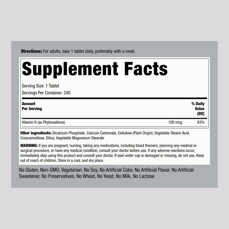 Piping Rock Vitamin K Supplement | 100 mcg | 240 Tablets | Non-GMO, Gluten Free - BeesActive Australia