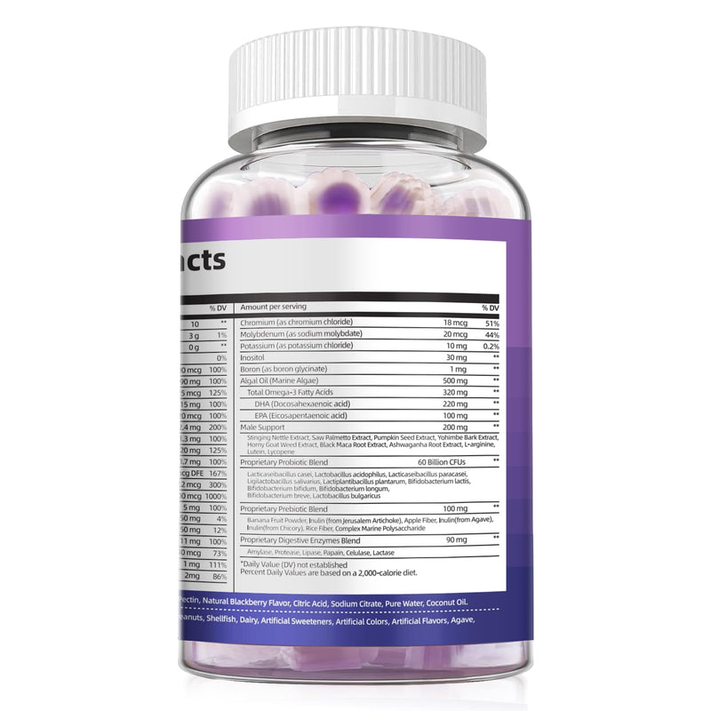 Multivitamin for Men, Mens Multivitamins Gummies w/Omega-3, Probiotics, Inositol, Folate, Biotin, Zinc, Vitamins A, C, D, E, B, - Support Heart, Brain, Muscle, Energy, Sugar-Free, Blackberry Flavor 60 Count (Pack of 1)
