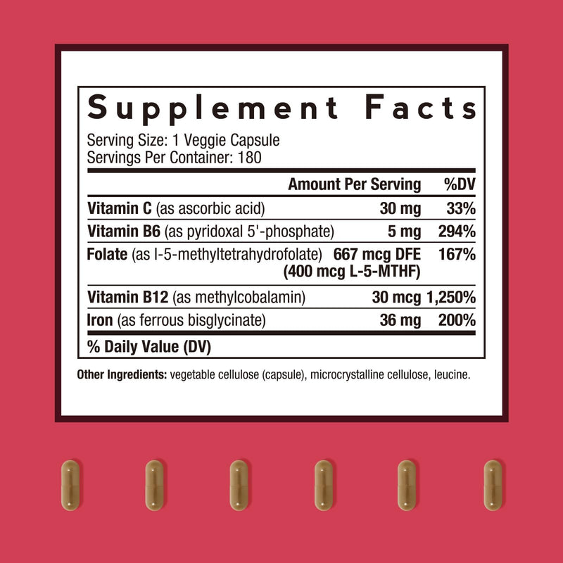 Doctor's Recipes Iron Supplement for Women Men - Gentle Iron Bisglycinate with Vitamin C, B6, Folate & B12, Stomach Friendly Iron Pills, 180 Vegan Caps 180 Count (Pack of 1)