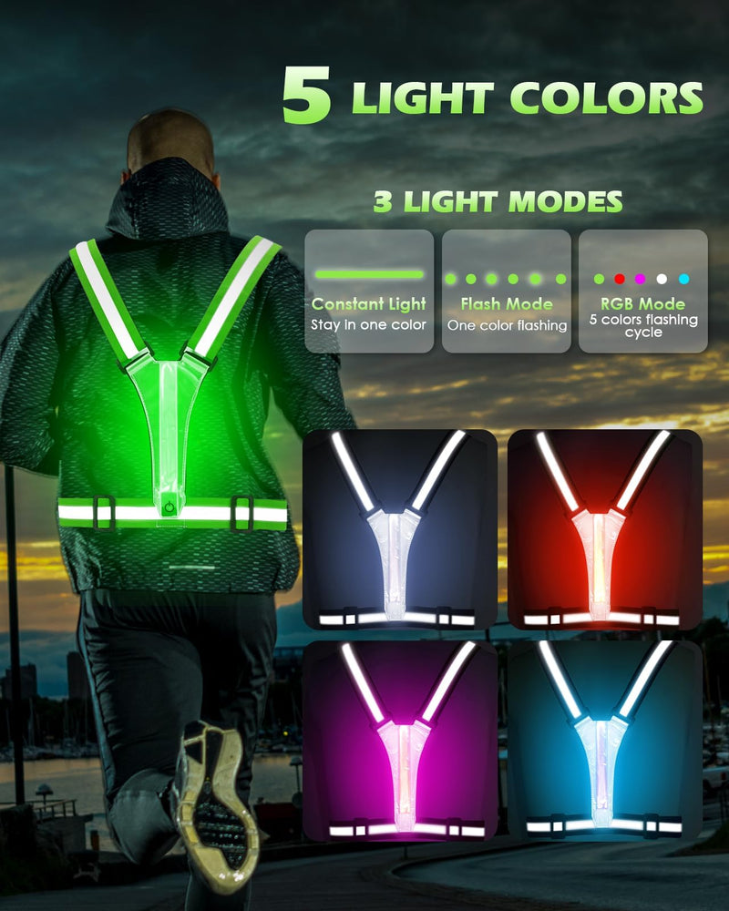 Zacro LED Reflective Vest Running Gear, 5 Lights Colors High Visibility Reflective Running Gear Rechargeable Light Up Running Vest for Walking Running Cycling, Adjustable for Men Women Kids Light Green 2