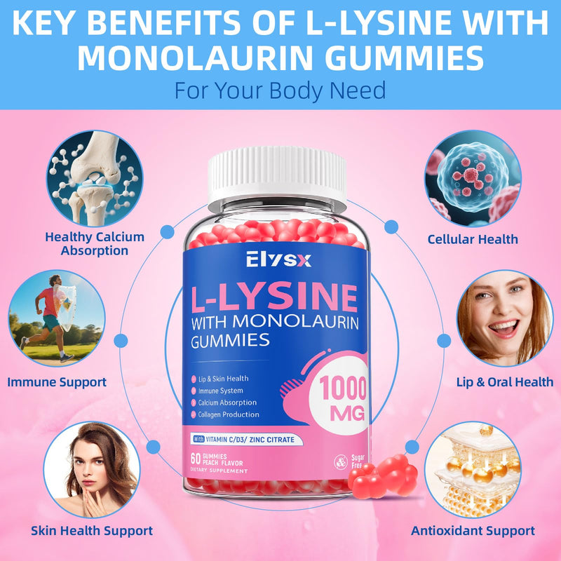 L-Lysine Gummies 1000mg, Sugar-Free Chewable Lysine with Monolaurin Supplement for Adults & Kids, Lips & Oral Health, Immune & Overall Health, Natural Peach Flavor, 60 Count 1 Count (Pack of 60)