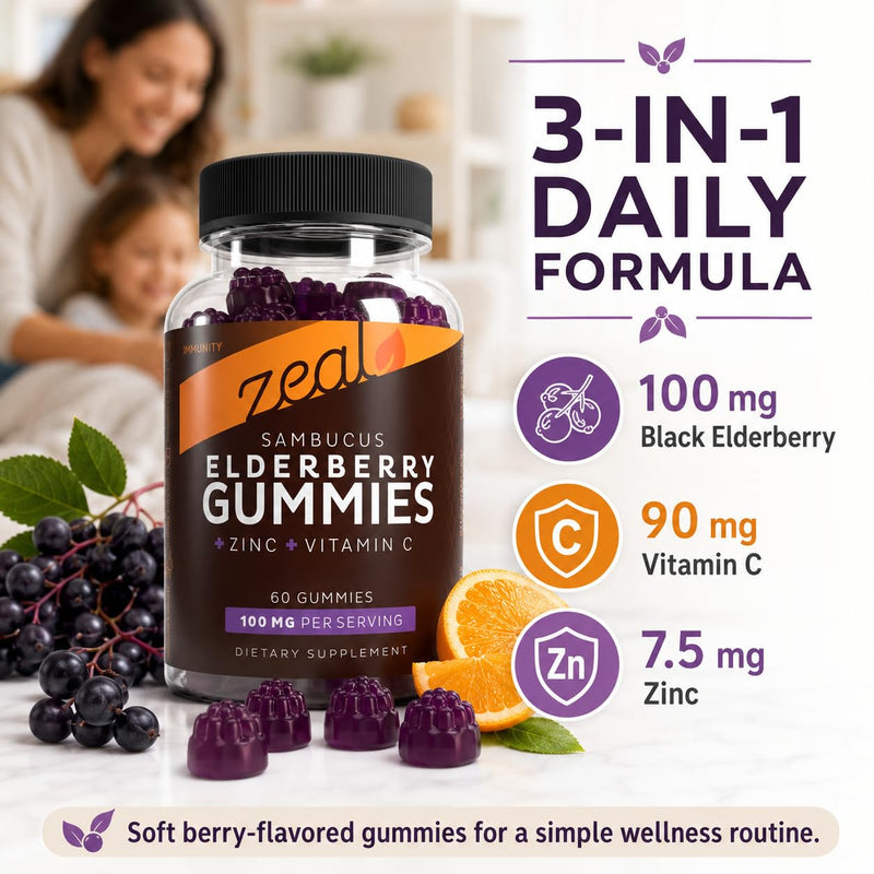 Zeal Naturals Elderberry Gummies for Adults and Kids, Sambucus Black Elderberry with Zinc and Vitamin C, Immune Support Gummies, 60 Count 1 Count (Pack of 1)