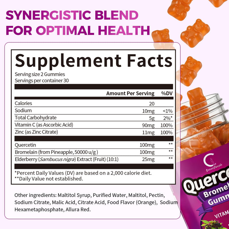 Quercetin with Bromelain Gummies, Support Immune, Vegan, Non-GMO, 2 Pack | Quercetin & Bromelain, Vitamin C, Zinc & Elderberry, Respiratory Health & Antioxidant Supplement, Vegan, 120 Gummies