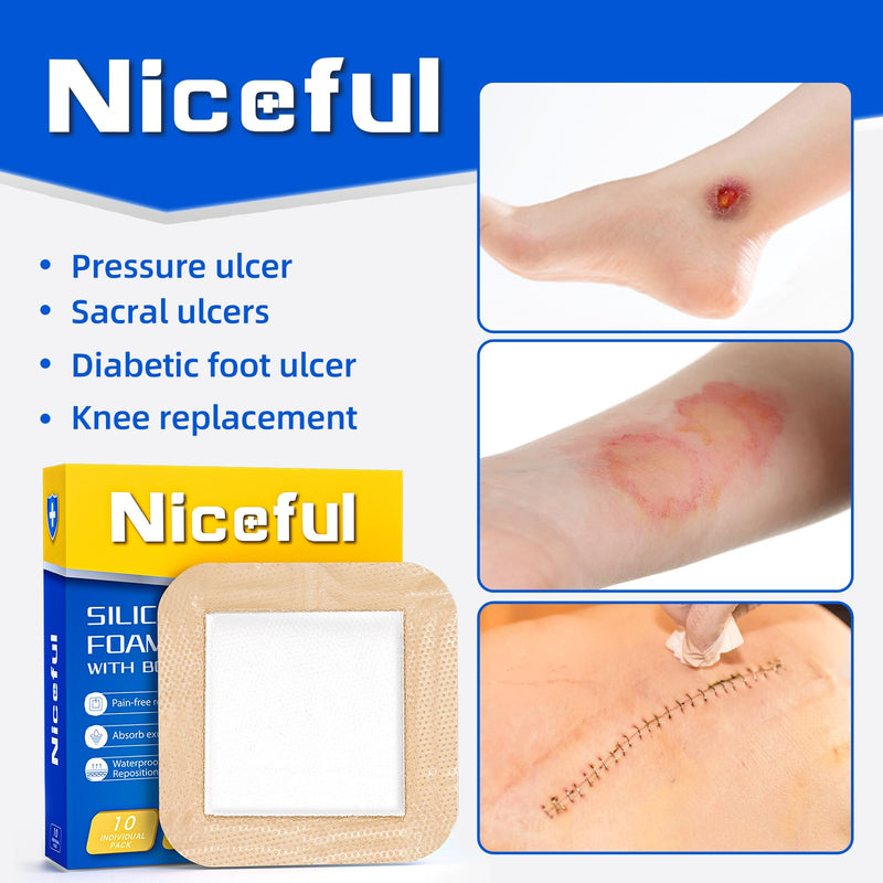 Niceful 10 Count Silicone Foam Dressing 6" x 6" - Large Bandages for Wounds, Wound Dressing Waterproof Silicone Bandages for Bedsores, Diabetic Foot Ulcers, I-II Degree Burns 6"x6" (10PCS)